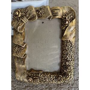 Gold Picture Frame Ornate Ribbon Roses RESIN 3 1/2 X 5 Photo Wall Or Table